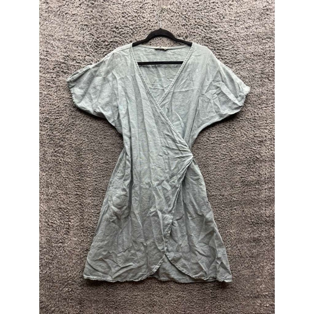 Linenfox Mimosa Linen V-Neck Wrap Mini Dress Light Gray Womens Size S-M
